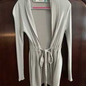 Gray Ribbed Cardigan with Tie Waist